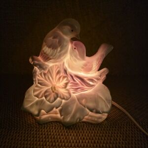 Sweet Love Birds Porcelain Night Light Hibiscus Flower Pastel Glow 6"H Nursery